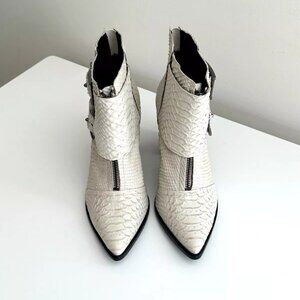 Women's TIBI Off White Snakeskin Leather Ankle Zip Buckle Boots (US 8.5)